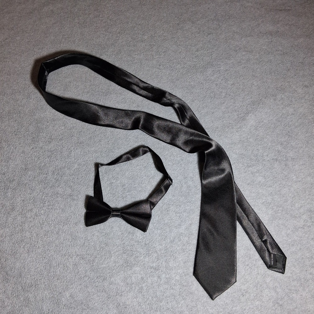 Black Satin Necktie and Pre-tied Bow Tie Set Formal Wedding Accessory 2pc
